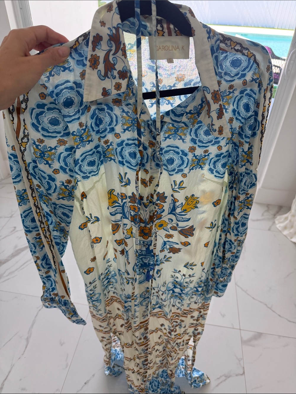 Carolina K Blue & Cream Floral Maxi Dress